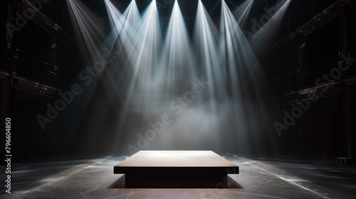 An empty theatrical stage illuminated by dramatic shafts of light through haze, with a central wooden platform.