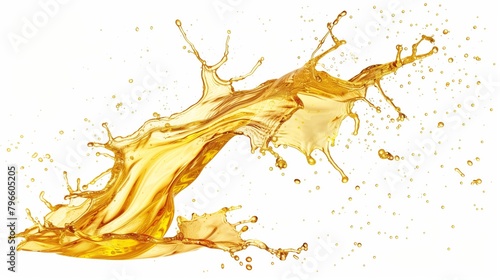 Dynamic splash of golden liquid with droplets scattered in air, isolated on white background.