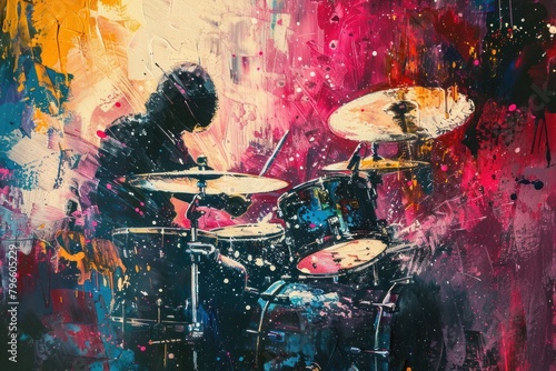 A drummer splashing cymbals in the bar art microphone recreation. photo