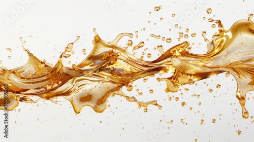 Dynamic splash of golden liquid, creating energetic and fluid forms against a white background.