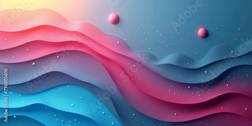 A colorful, abstract painting of a wave with two small spheres in the middle