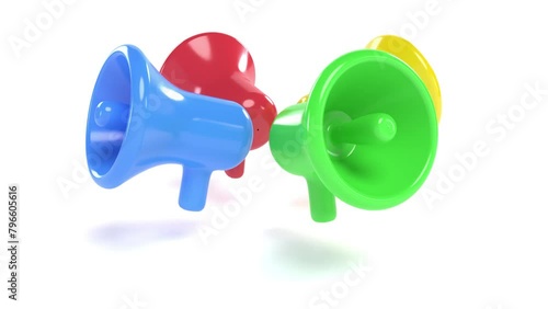 Four colored plastic megaphones rotate on a white back 4k