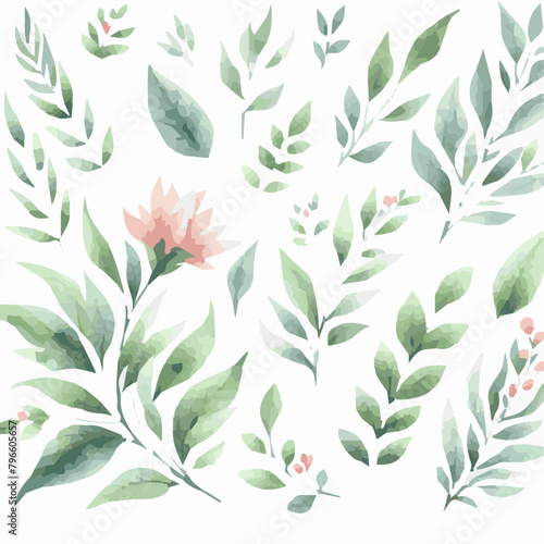 Watercolor floral set of green leaves, greenery, branches, twigs isolated on transparent background