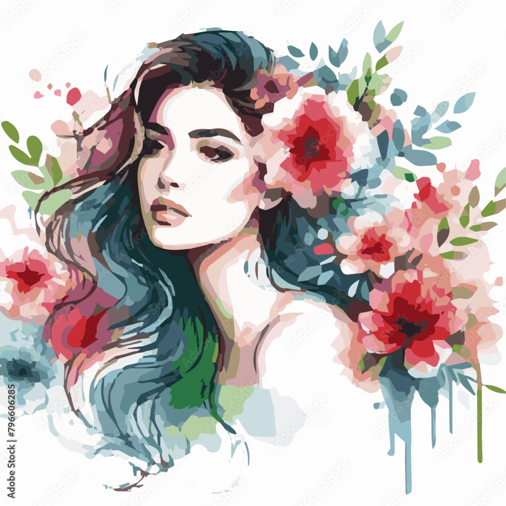 Gorgious female with flowers watercolor illustration isolated on transparent background