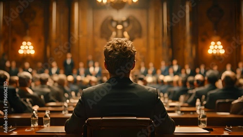 A man sits in a chair in front of a large audience. The man is wearing a suit and he is a judge. The audience is seated in rows of chairs, and there are several bottles on the tables photo