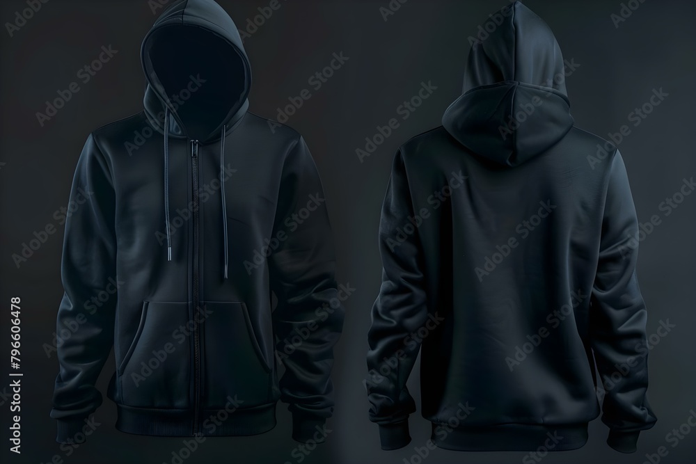 Stylish black hoodie mockup with zipper design on front and back views. Concept Hoodie Mockup, Front View, Back View, Zipper Design, Stylish Black