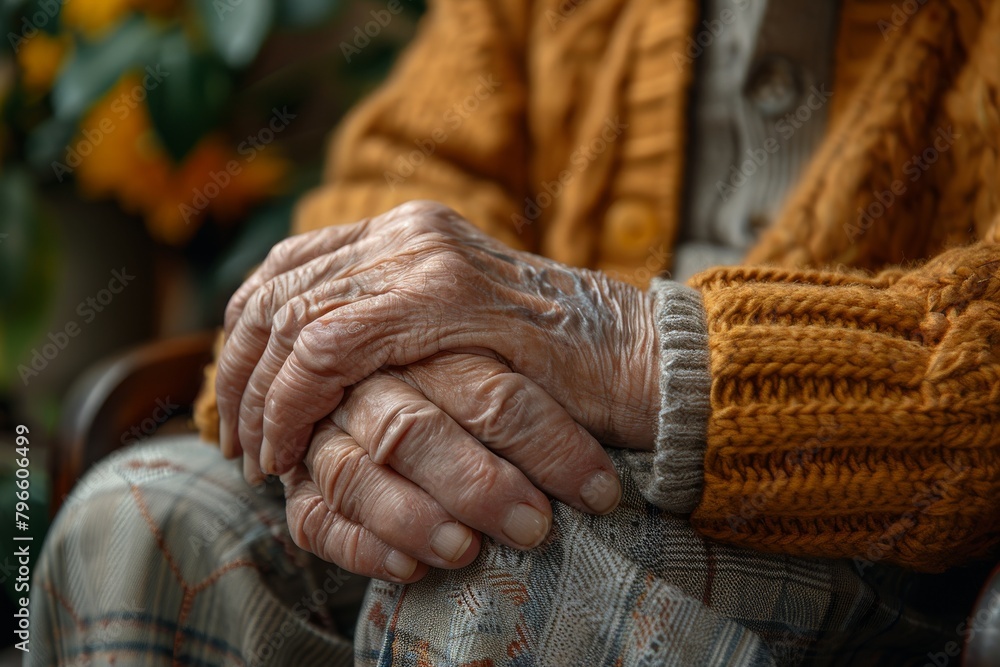 Fototapeta premium Photo highlights the aged skin texture and details of an elderly person's clasped hands