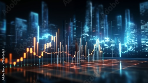 Panoramic abstract backdrop with stock market growth/down, digital financial chart graphs and indicators.