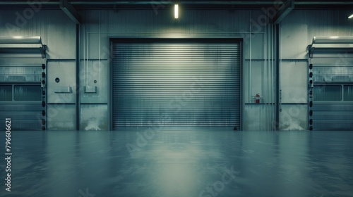 Symmetrical view of a closed metal roller shutter door on a warehouse at night. photo