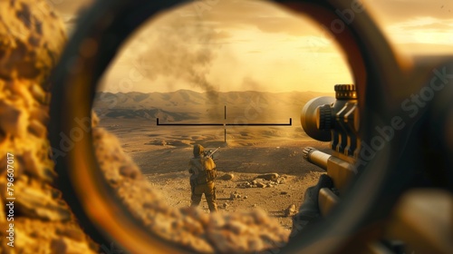View through a sniper scope targeting a soldier in a desert landscape at sunset. photo