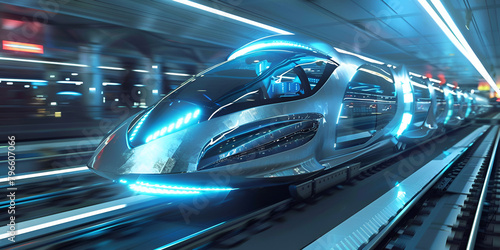 A stateoftheart maglev train propels silently within a vacuum tunnel redefining city travel as it soars above the metropolis