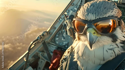 A robot falcon dons aviator goggles, co-piloting the skies with unmatched precision from the cockpit photo