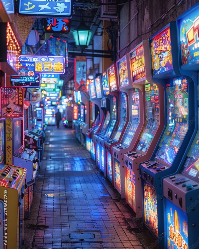 Obraz premium Retro Tokyo arcade, classic games, neon lights, youth in vintage fashion