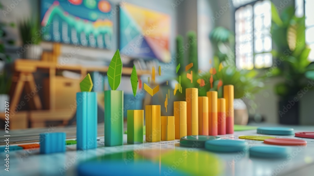3D rendering of a bar graph with each bar a different color and in front of a blurred background of an office space.
