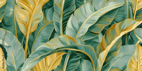 Wallpaper Mural tropical luxury exotic seamless pattern of green banana leaves, palm leaves, vintage 3D illustration, hand-drawn style glamorous background fabric printing texture design Torontodigital.ca