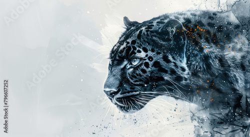 striking monochromatic portrayal of an amur leopard with dynamic splash accents for conservation awareness, endangered species animal