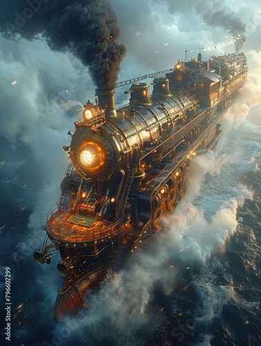 Steampunk battleship, iron and steam, sea monsters, epic naval battles