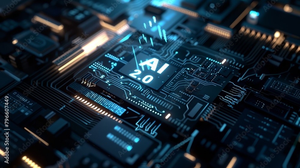 Advanced AI 2.0 technology showcased on a blue illuminated circuit board with integrated circuits. Advanced AI 2.0 technology showcased on a blue illuminated circuit board with integrated circuits.