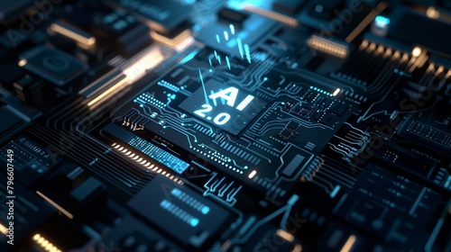 Advanced AI 2.0 technology showcased on a blue illuminated circuit board with integrated circuits.