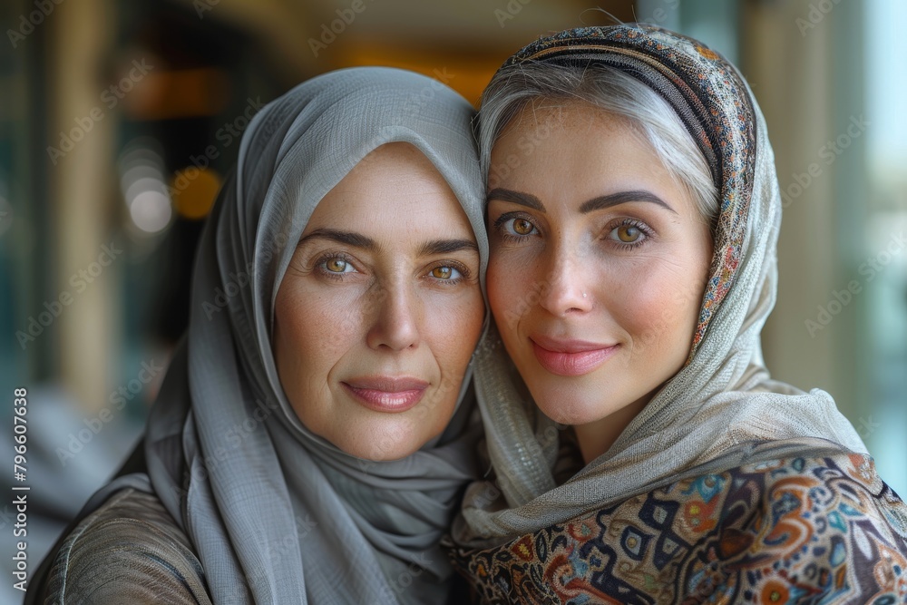 Two elegantly dressed women in grey hijabs, displaying a subtle, yet powerful connection and cultural dignity Two elegantly dressed women in grey hijabs, displaying a subtle, yet powerful connection and cultural dignity