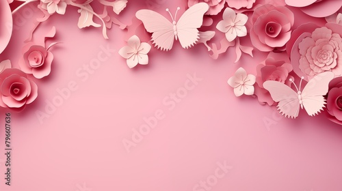 Pink Floral Background to Celebrate International Woman's Day. Elegant Paper Cut Design with Number 8, Butterflies and copy-space. photo