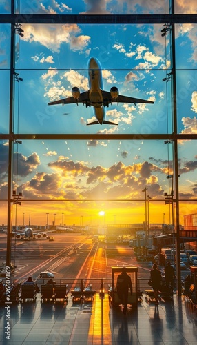 Fotografie Busy airport terminal with travelers and planes arriving and departing in the di