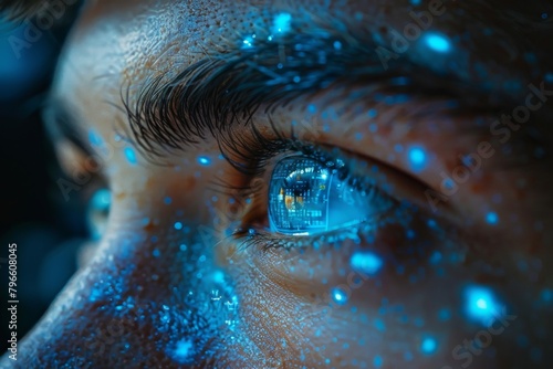 Dramatic close-up of a human eye with blue glowing cybernetic and futuristic effects hinting at technology and artificial intelligence