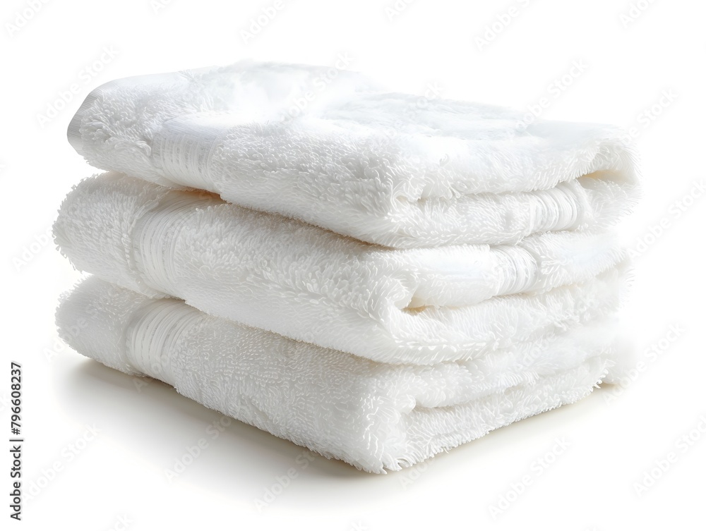 Clean and plush white towels stacked neatly on a plain background,highlighting their softness and absorbency for a spa-like feel Clean and plush white towels stacked neatly on a plain background,highlighting their softness and absorbency for a spa-like feel