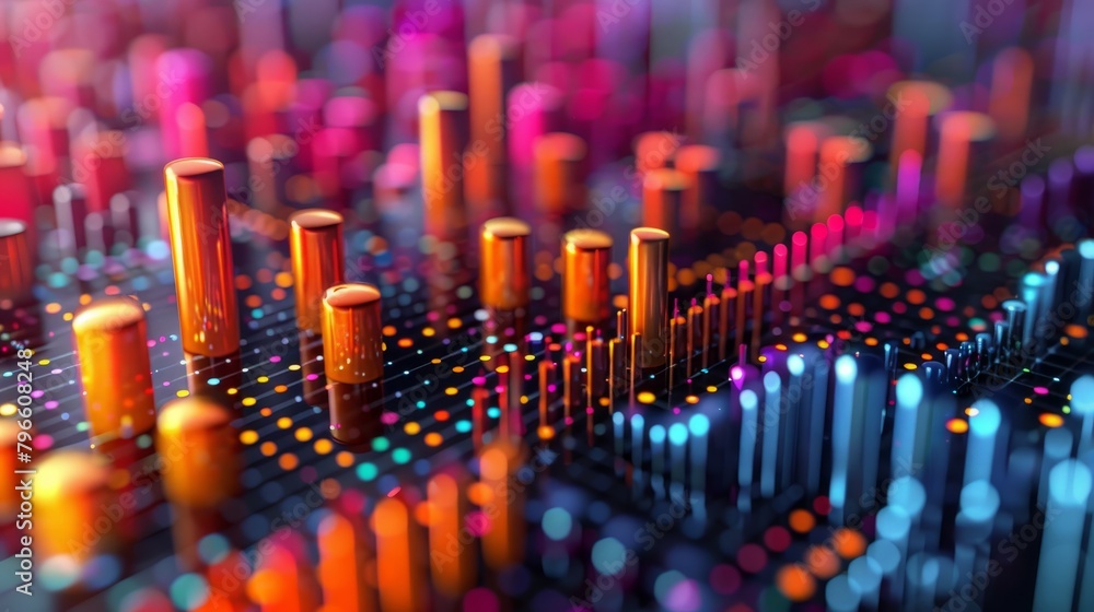 3D rendering of colorful glowing sticks of various heights on a surface with glowing particles. 3D rendering of colorful glowing sticks of various heights on a surface with glowing particles.