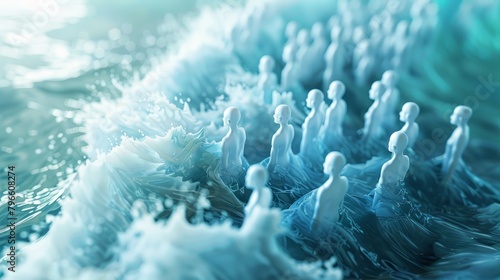 3D rendering of people made of water, standing in a stormy sea