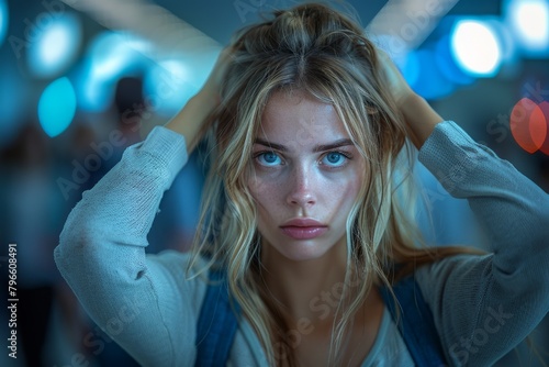 A young woman with striking blue eyes and a melancholic expression among blurred backlighting