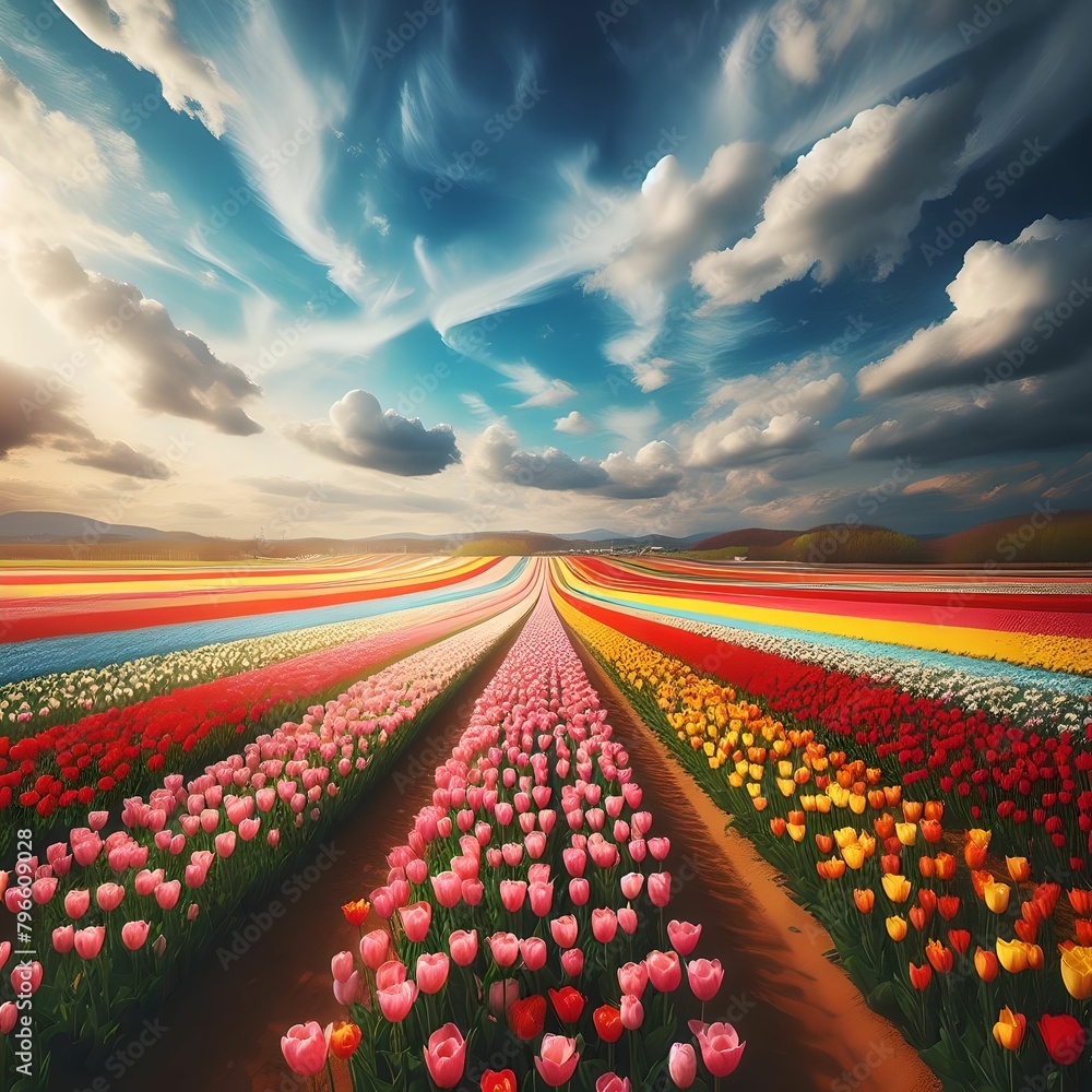 field of tulips and blue sky