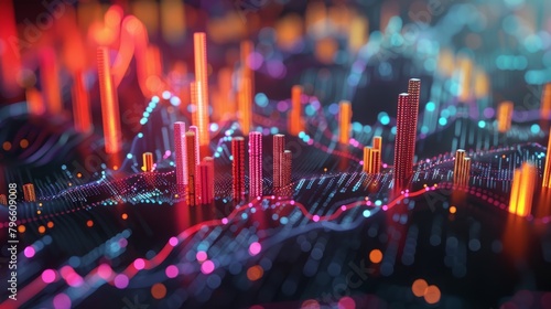 A 3D rendering of a city made of glowing orange and blue cubes. photo