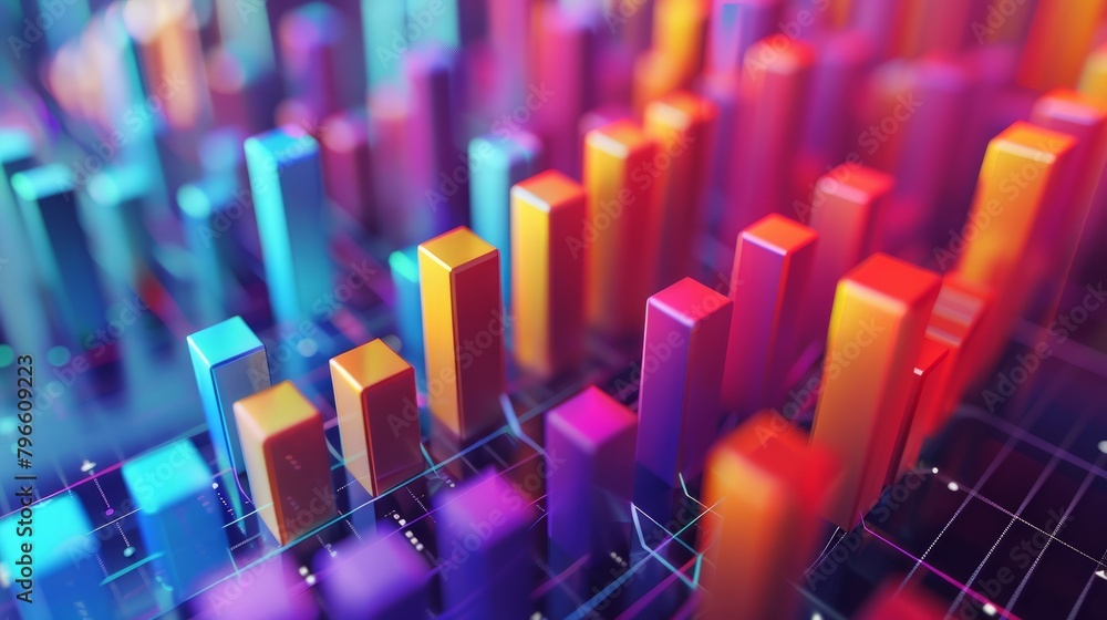 A 3D rendering of a colorful bar graph with a glowing grid in the background.