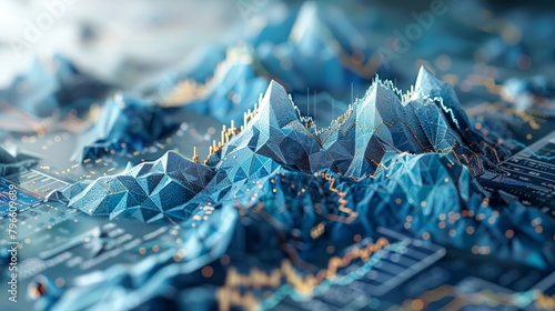 A 3D rendering of a mountain range made of blue crystals. photo