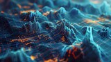 A 3D rendering of a mountainous landscape with blue and orange glowing particles.