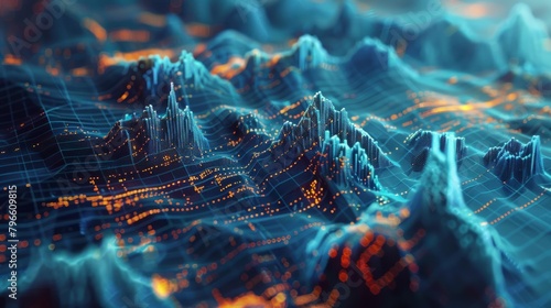 A 3D rendering of a mountainous landscape with blue and orange glowing particles.