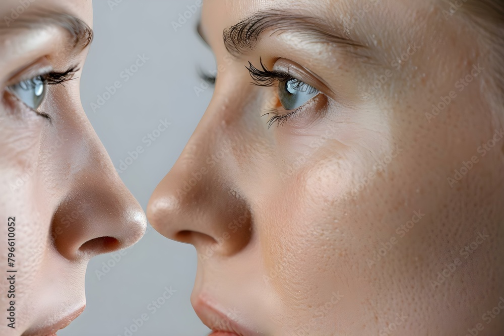 Obraz premium Comparison of womans facial wrinkles before and after treatment. Concept Facial Wrinkles, Before and After, Treatment, Women, Comparison