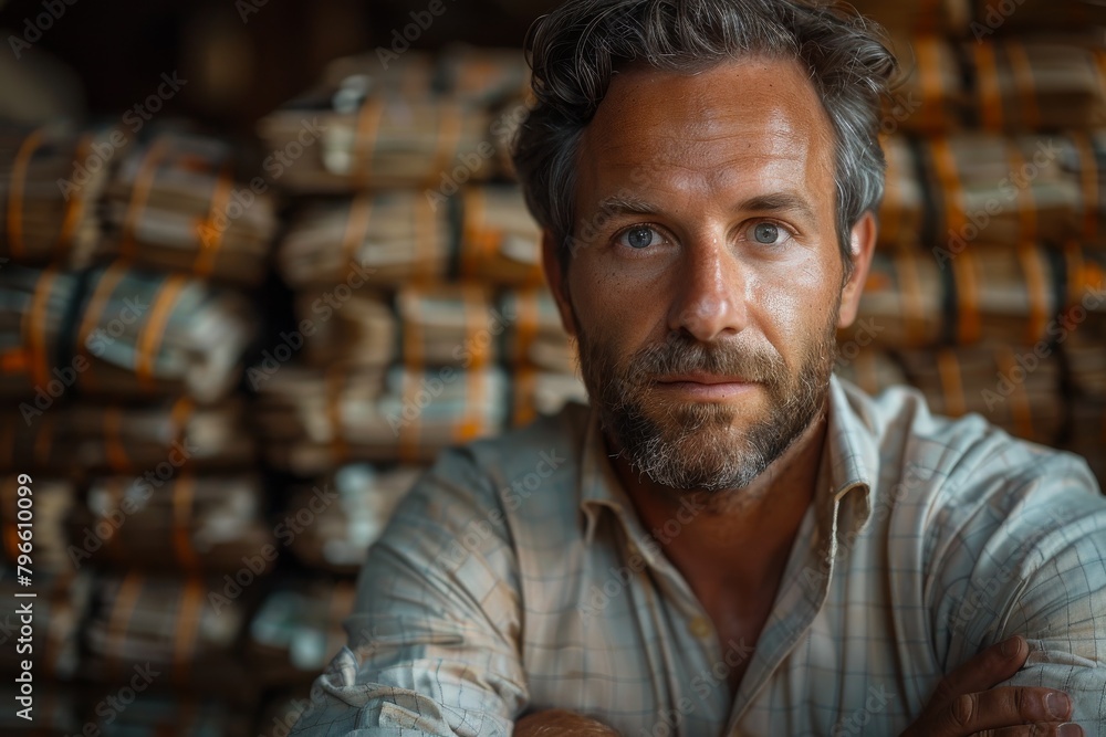A portrait of a mature man with a confident gaze, crossed arms, and blurred warehouse background A portrait of a mature man with a confident gaze, crossed arms, and blurred warehouse background