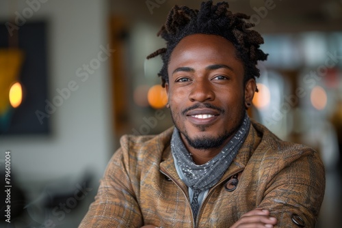 Confident man with a warm smile, seated in a cafe setting exuding a relaxed vibe