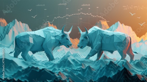 A blue and white illustration of two bulls facing off in a mountainous landscape with a glowing orange sky.