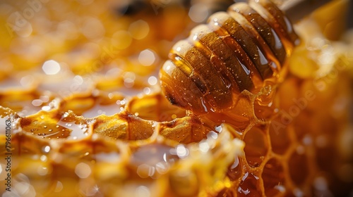 Honey Drizzle on Honeycomb: A Macro Shot of Nature's Golden Sweetness