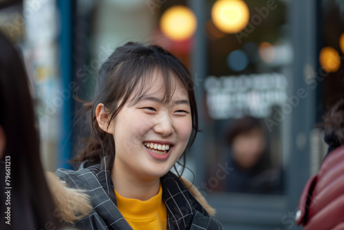 A young asian woman laughs heartily outdoors, her happiness infectious, capturing a moment of pure, unguarded joy and contentment photo