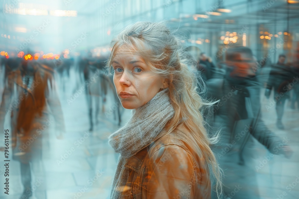 Concerned looking woman in a crowd, captured with a sense of motion and urban rush in soft tones Concerned looking woman in a crowd, captured with a sense of motion and urban rush in soft tones