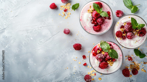 Smoothie from fresh berries, natural yogurt and honey in three glasses on light gray background, Top view, Copy space