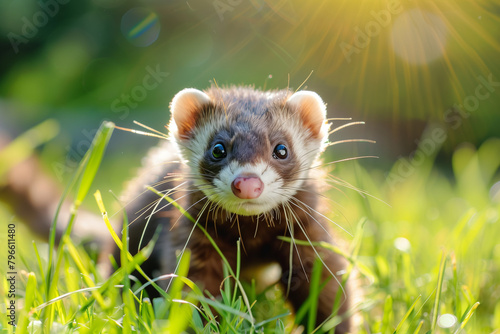 A curious ferret peers through grass, its face lit by sunlight, highlighting its playful nature and inquisitive gaze photo