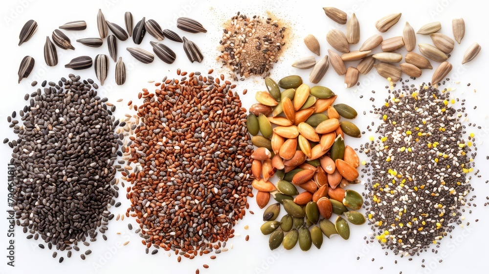 Top view of mixed healthy seeds, including chia, flax, pumpkin, sunflower, and sesame, essential for a balanced diet, isolated background Top view of mixed healthy seeds, including chia, flax, pumpkin, sunflower, and sesame, essential for a balanced diet, isolated background