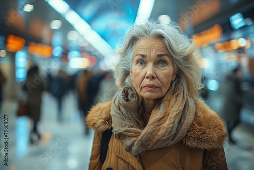 An older woman with gray hair is standing in a train station crowd, portraying a serious demeanor