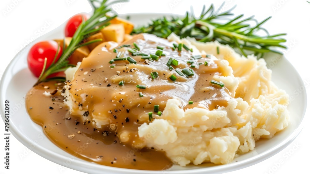 Top view of diet-friendly Mashed Potatoes and Gravy, made with healthy alternatives like reduced-fat butter and less fatty gravy, isolated background Top view of diet-friendly Mashed Potatoes and Gravy, made with healthy alternatives like reduced-fat butter and less fatty gravy, isolated background