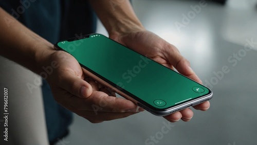 close up of a person holding a mobile phone with green background generated by AI